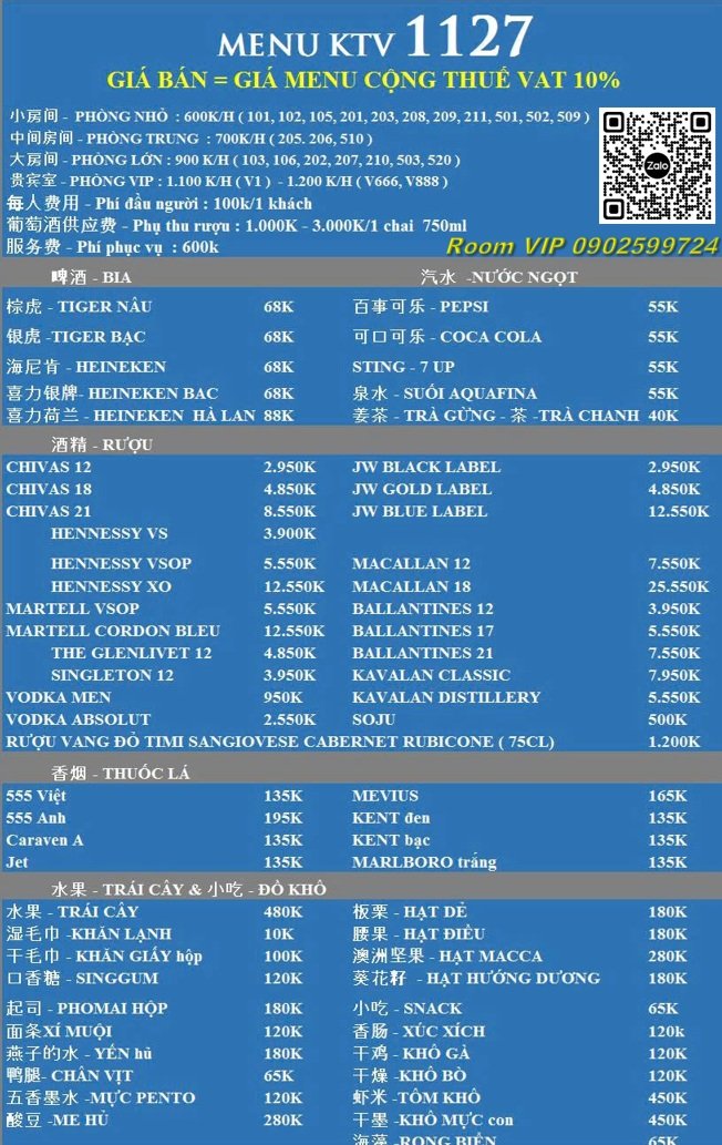 Menu KTV 1127 ghi giá phòng, đồ uống, món ăn và các khoản phí